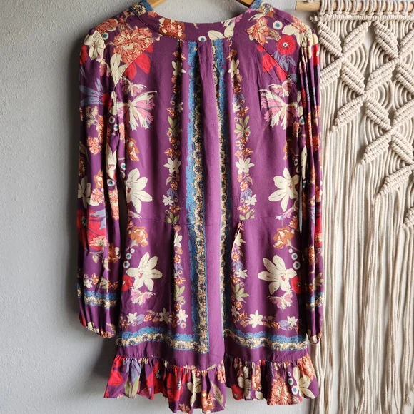Free People Purple Floral Mini Dress | Long Sleeve Tie Front Boho‎ | Size 4 - Picture 4 of 8